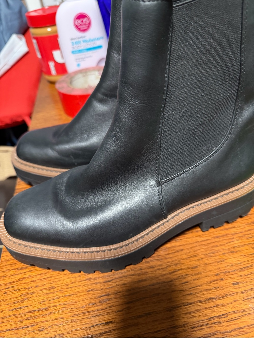 Sam Edelman Black Leather Chelsea Lug Booties with Brown Welt